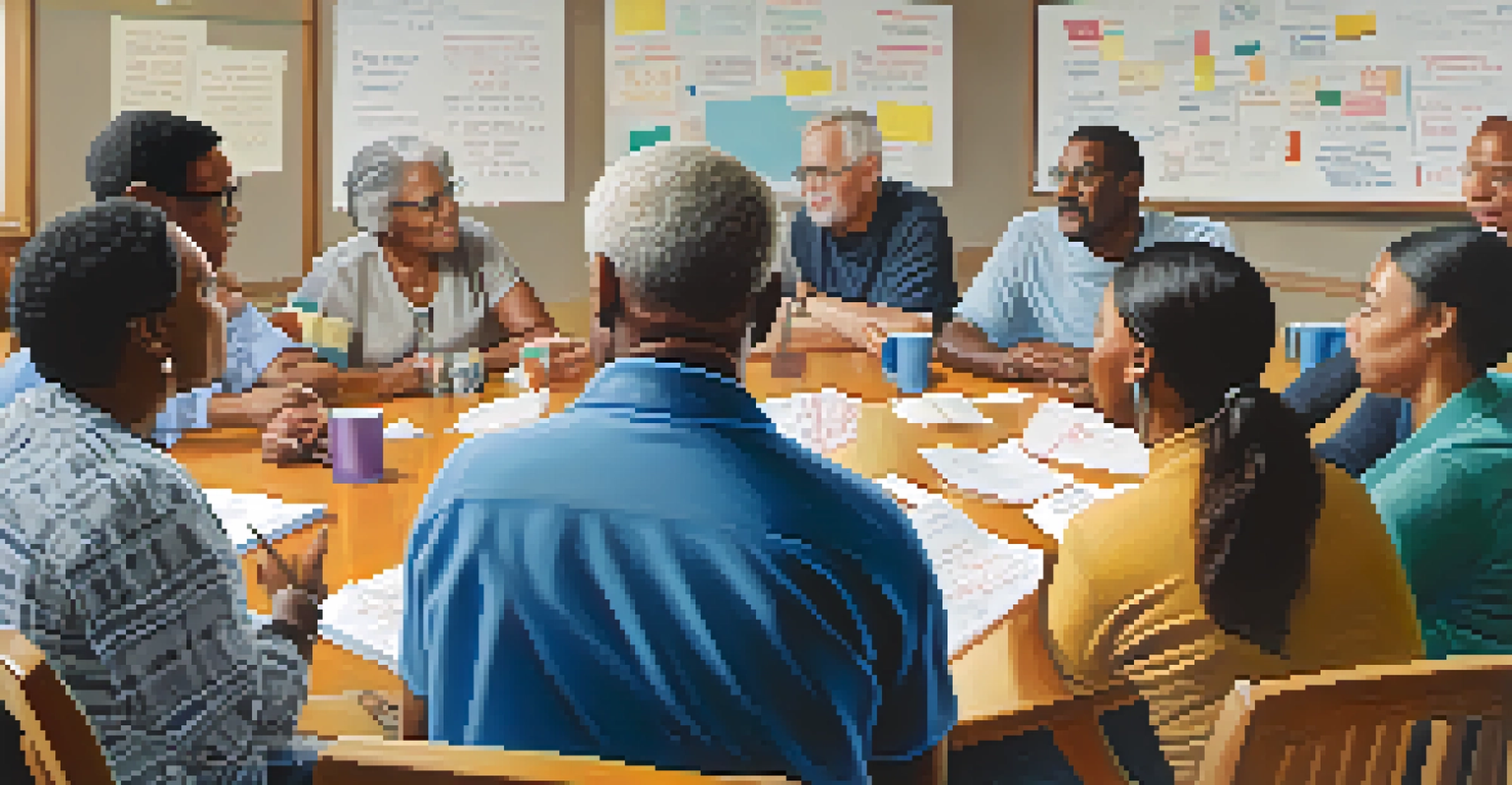 A community meeting in New York City with diverse residents discussing important issues around a table.