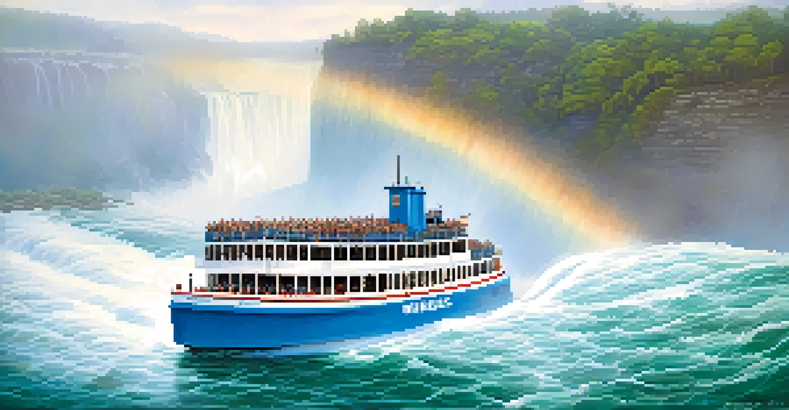 Tourists on the Maid of the Mist boat wearing blue ponchos, with Niagara Falls thundering in the background and rainbows in the mist.