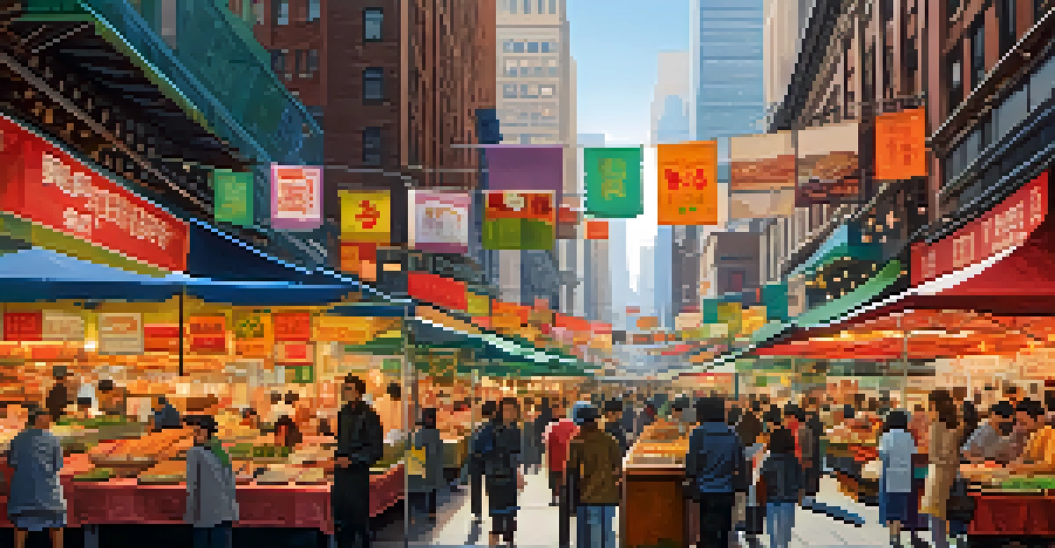 A lively food market in New York City with diverse stalls offering international cuisines, and people enjoying various dishes in a vibrant setting.