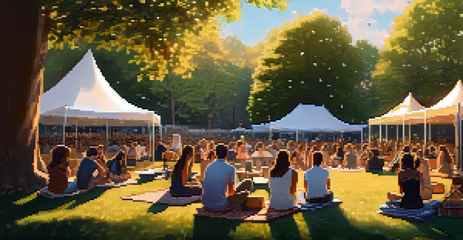 A cozy boutique music festival in a New York park, featuring an acoustic performance surrounded by trees and fairy lights, with attendees on picnic blankets.