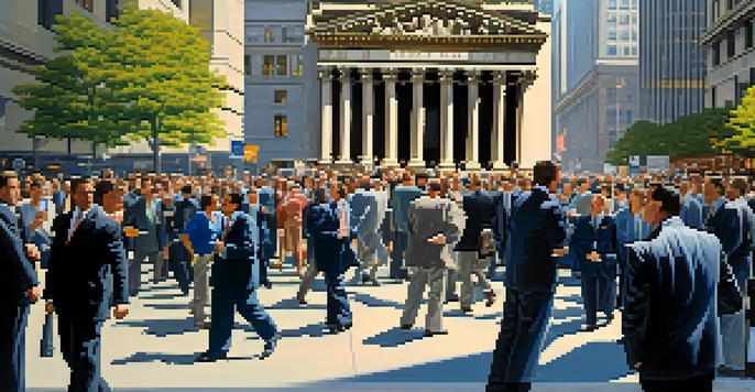 A busy Wall Street scene with traders and the iconic stock exchange building under a bright blue sky.