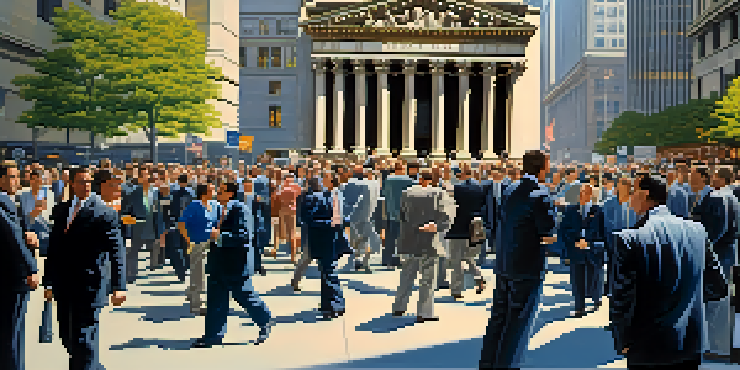 A busy Wall Street scene with traders and the iconic stock exchange building under a bright blue sky.