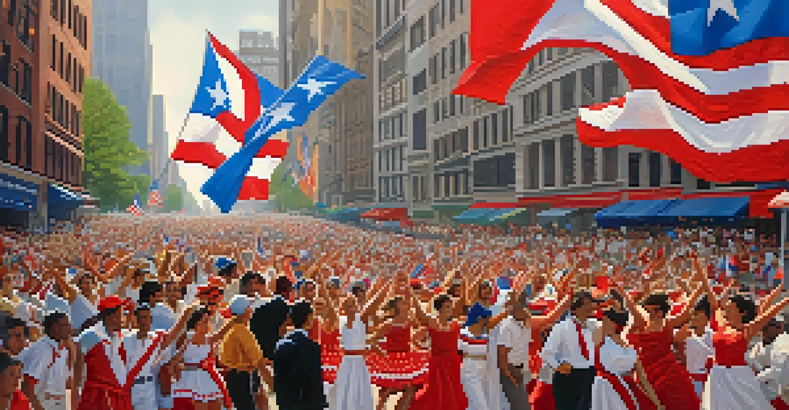 A festive scene from the Puerto Rican Day Parade in New York City, featuring colorful costumes, flags, and dancers celebrating in the sunlit streets.