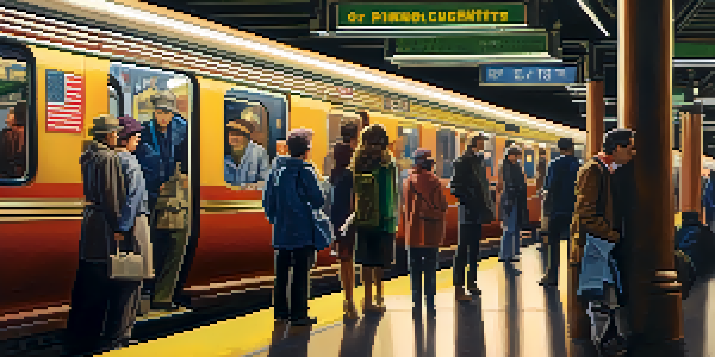 A busy subway station in New York City with commuters waiting for their trains, illuminated by bright lights and decorated with colorful advertisements.
