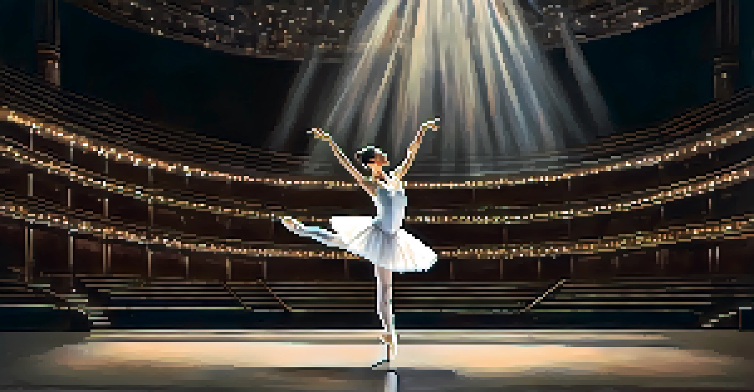 A ballerina performing on stage at Lincoln Center, surrounded by a dark theater and an engaged audience.