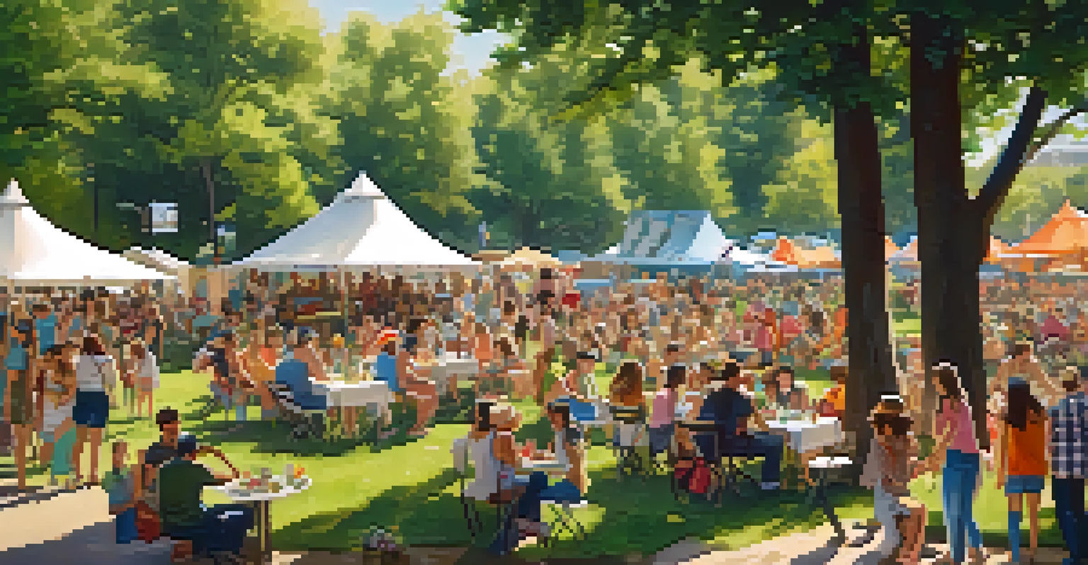 A cheerful summer outdoor concert scene in a park, featuring a crowd enjoying live music, food trucks, and families having a picnic.