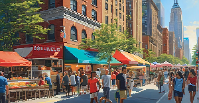 A lively street scene in New York City with food trucks and vendors, people enjoying various cuisines, and iconic buildings in the background.