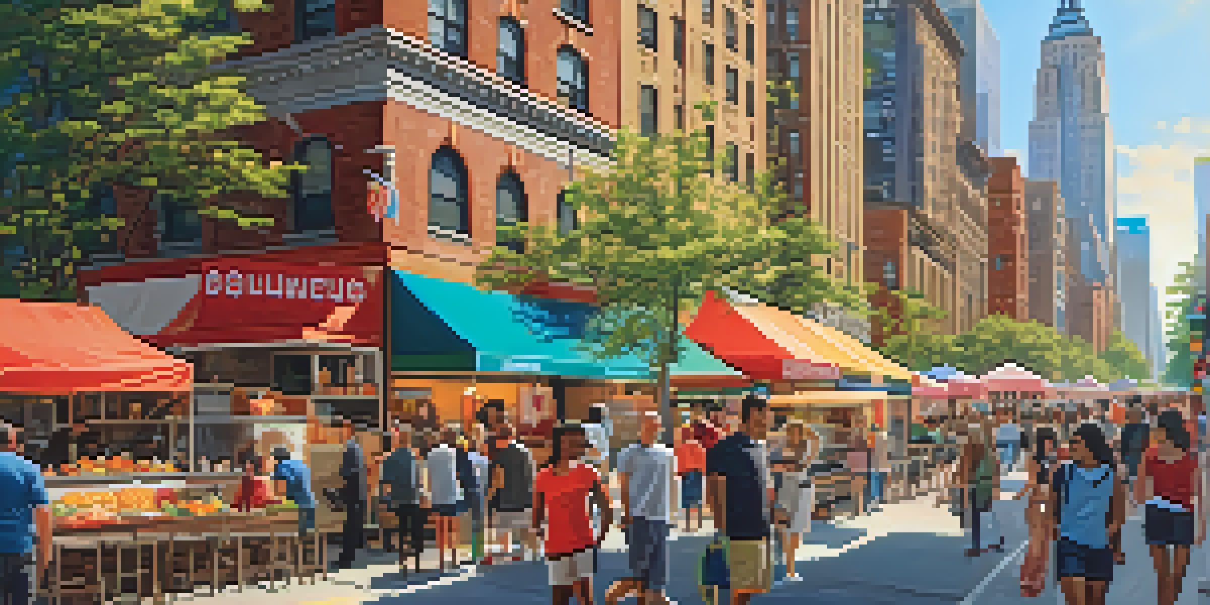 A lively street scene in New York City with food trucks and vendors, people enjoying various cuisines, and iconic buildings in the background.