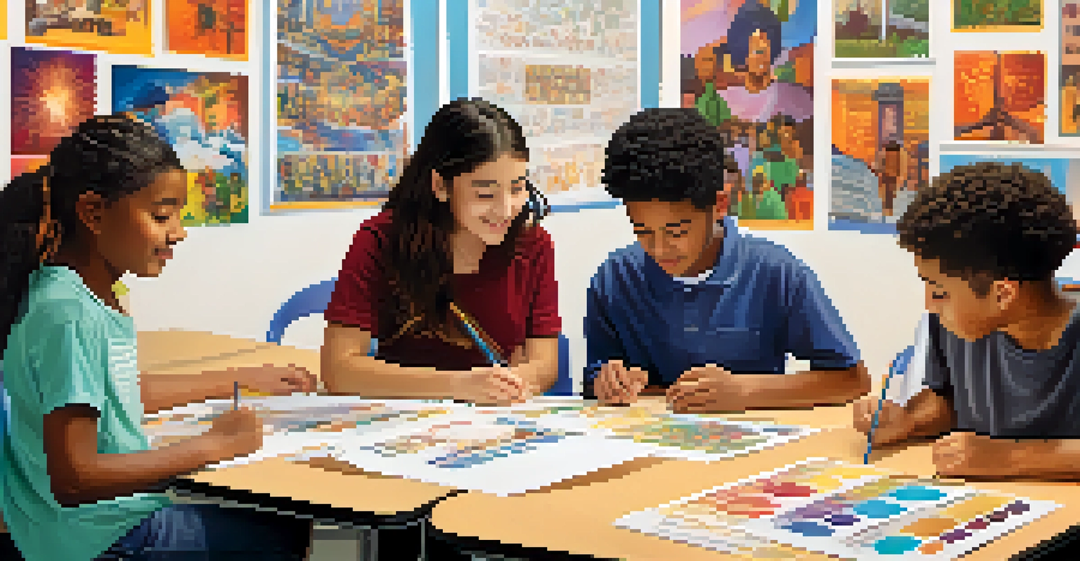 A classroom with diverse students working together on a project, showcasing cultural posters.