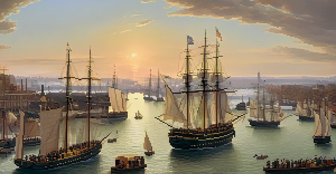 A panoramic view of New York City during the American Revolution, featuring ships in the port and soldiers in period clothing at sunset.