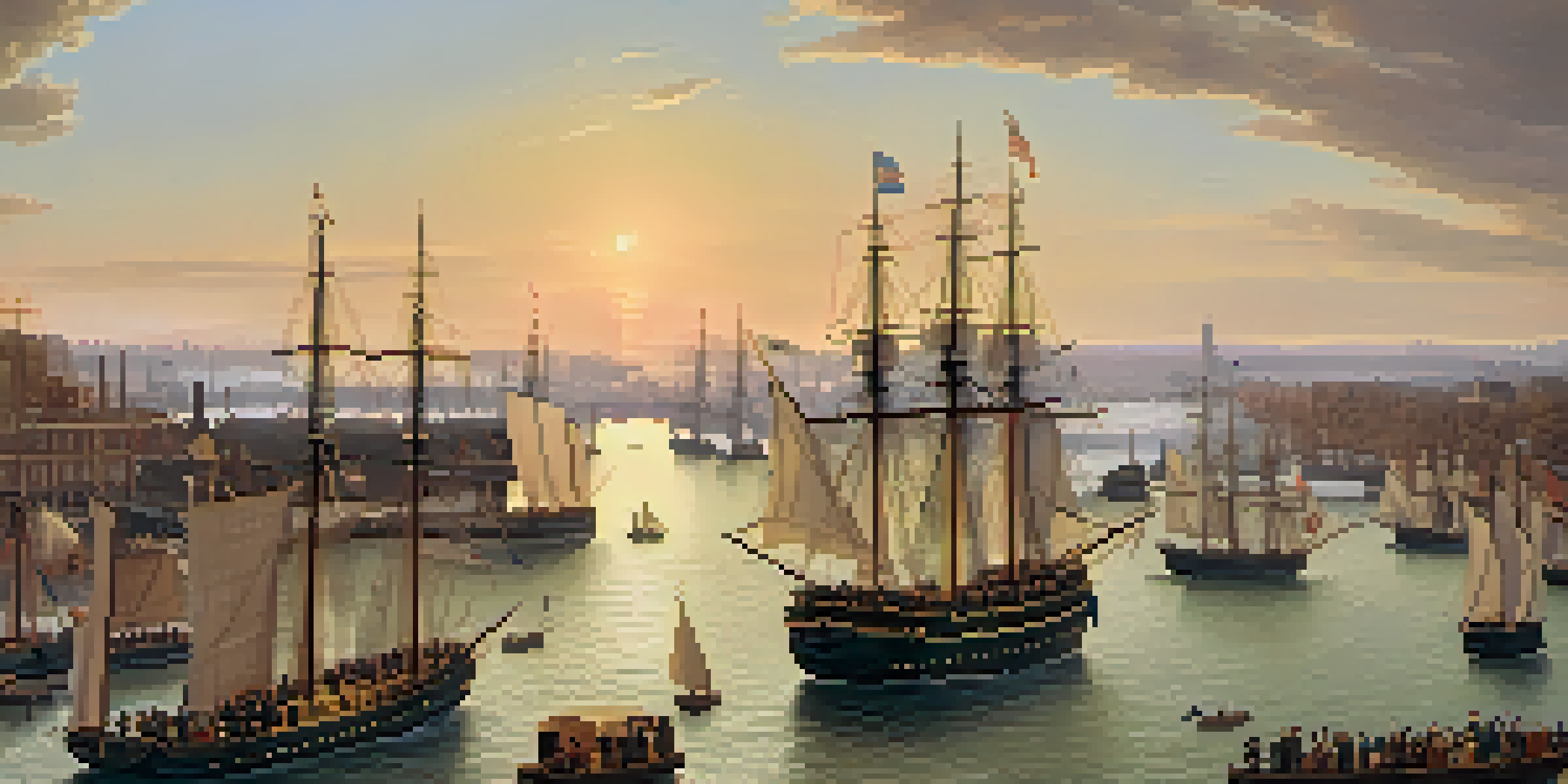 A panoramic view of New York City during the American Revolution, featuring ships in the port and soldiers in period clothing at sunset.