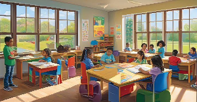 A vibrant classroom with children and parents working together on educational projects under the guidance of teachers.