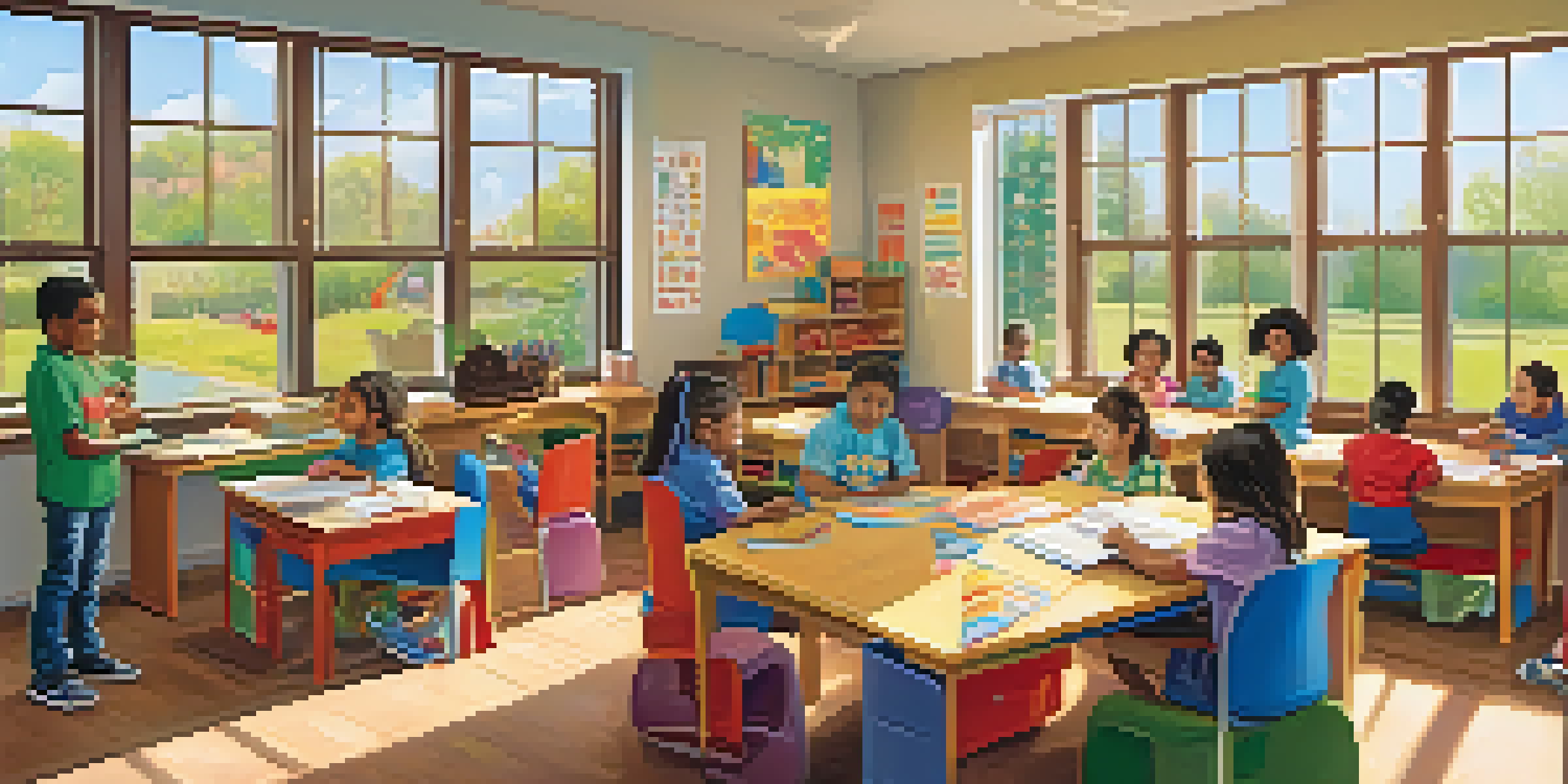 A vibrant classroom with children and parents working together on educational projects under the guidance of teachers.