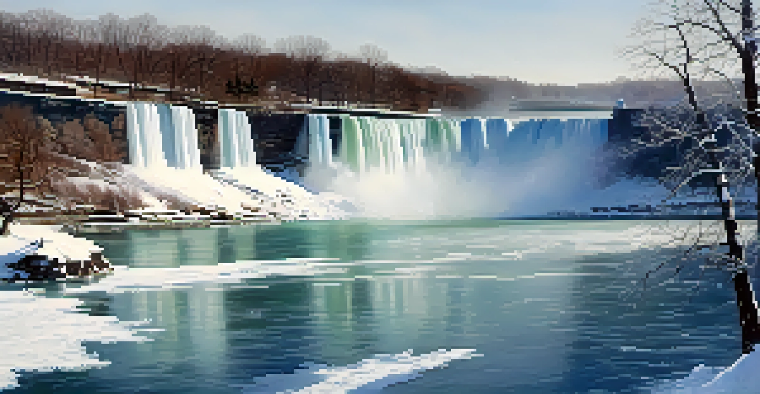 Niagara Falls in winter, with partially frozen waterfalls, ice formations, and snow-covered trees creating a peaceful winter scene.