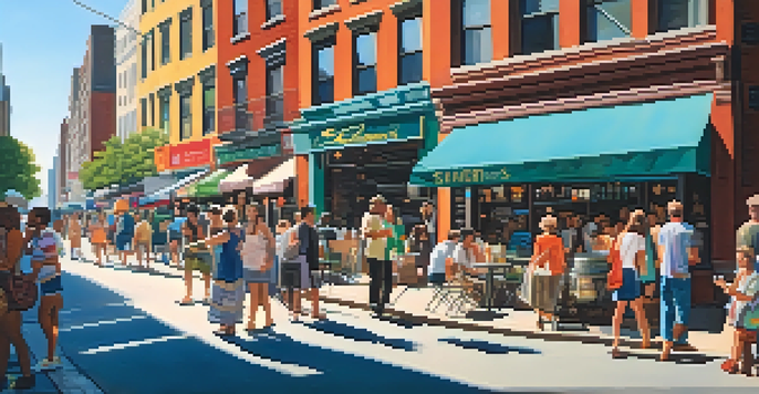 A lively street scene in New York City with tourists shopping and enjoying food, surrounded by colorful stores and street performers.