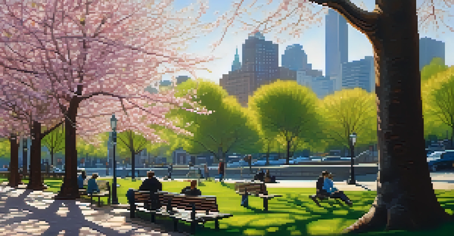 A close-up of a New York City park in spring, showcasing cherry blossoms, people relaxing, and the skyline in the background.