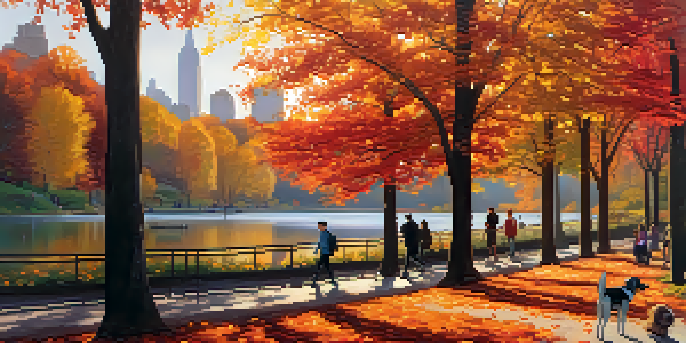 A scenic autumn view of Central Park with colorful trees and a lake, featuring people enjoying the park.