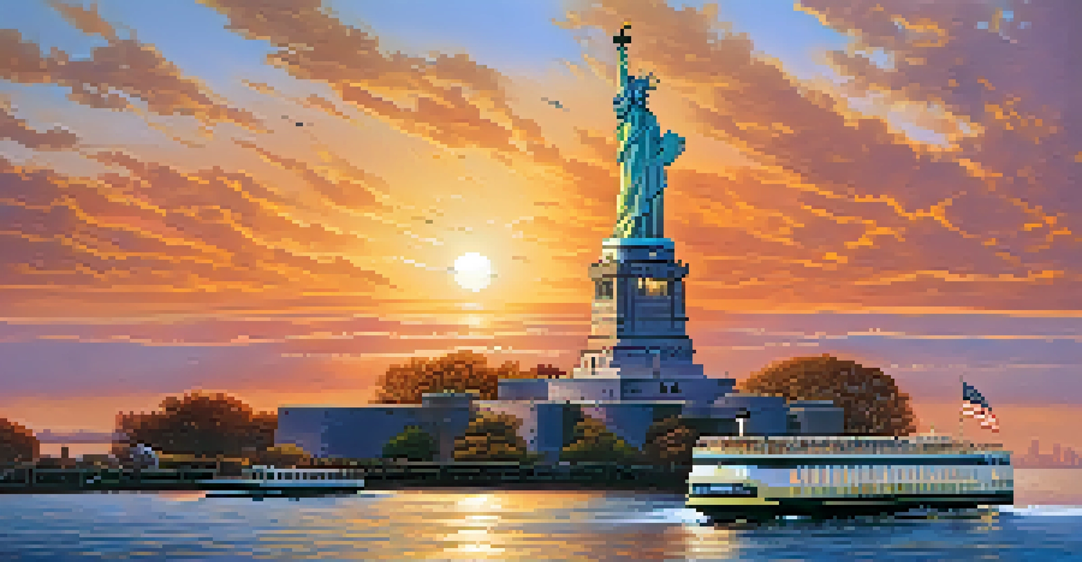 A beautiful sunset view of the Statue of Liberty with a ferry in front and the New York City skyline in the background.