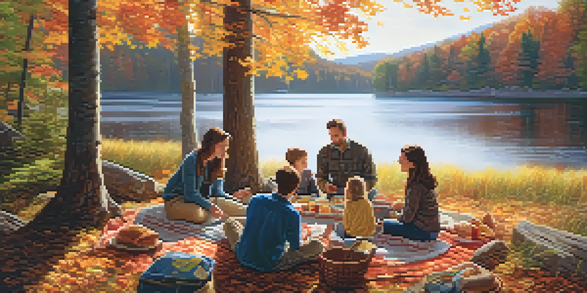 A family having a picnic by a peaceful lake in the Adirondack Park surrounded by vibrant autumn leaves.