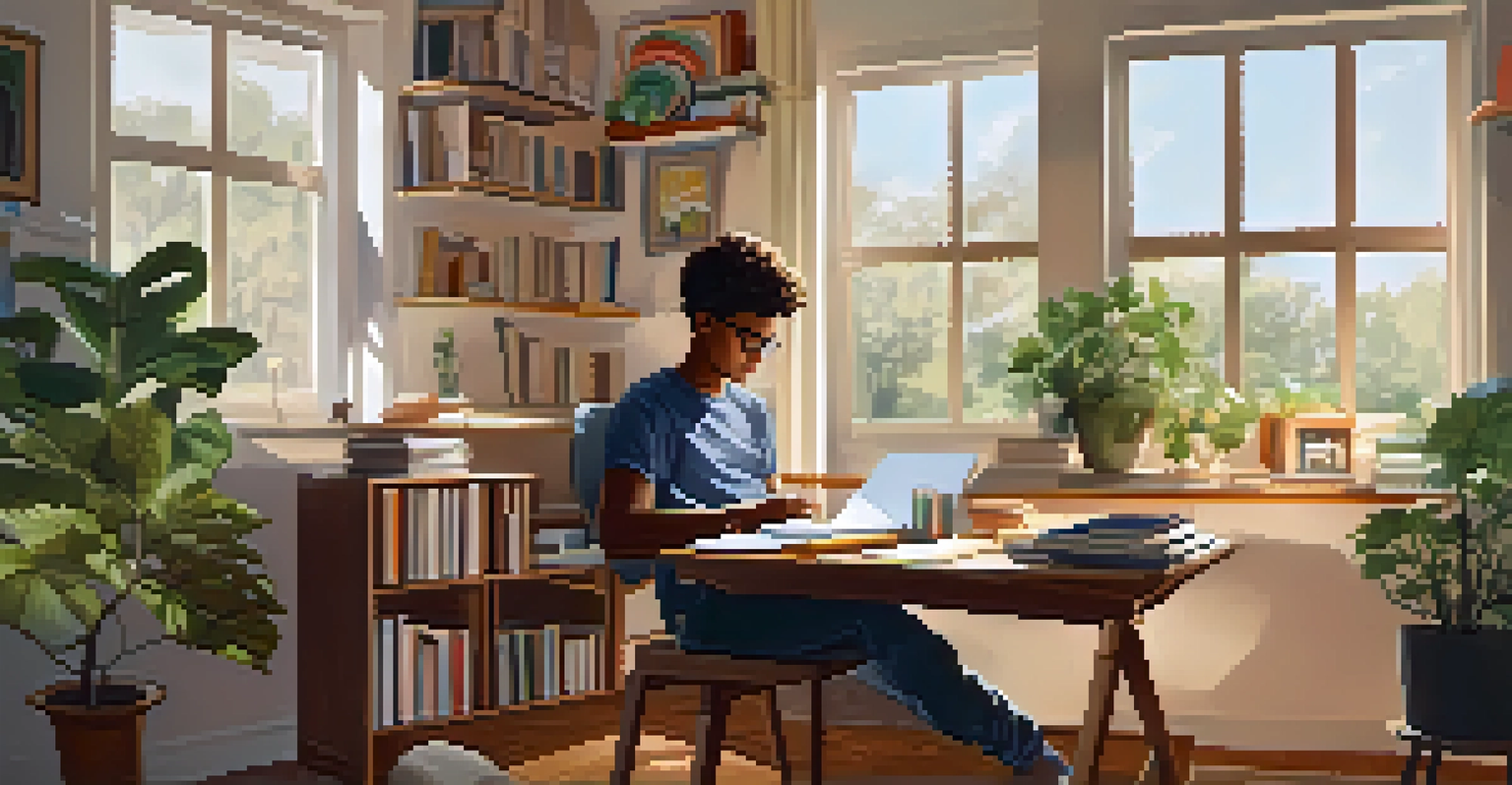 A student studying at a home desk with a laptop and books in a bright room.
