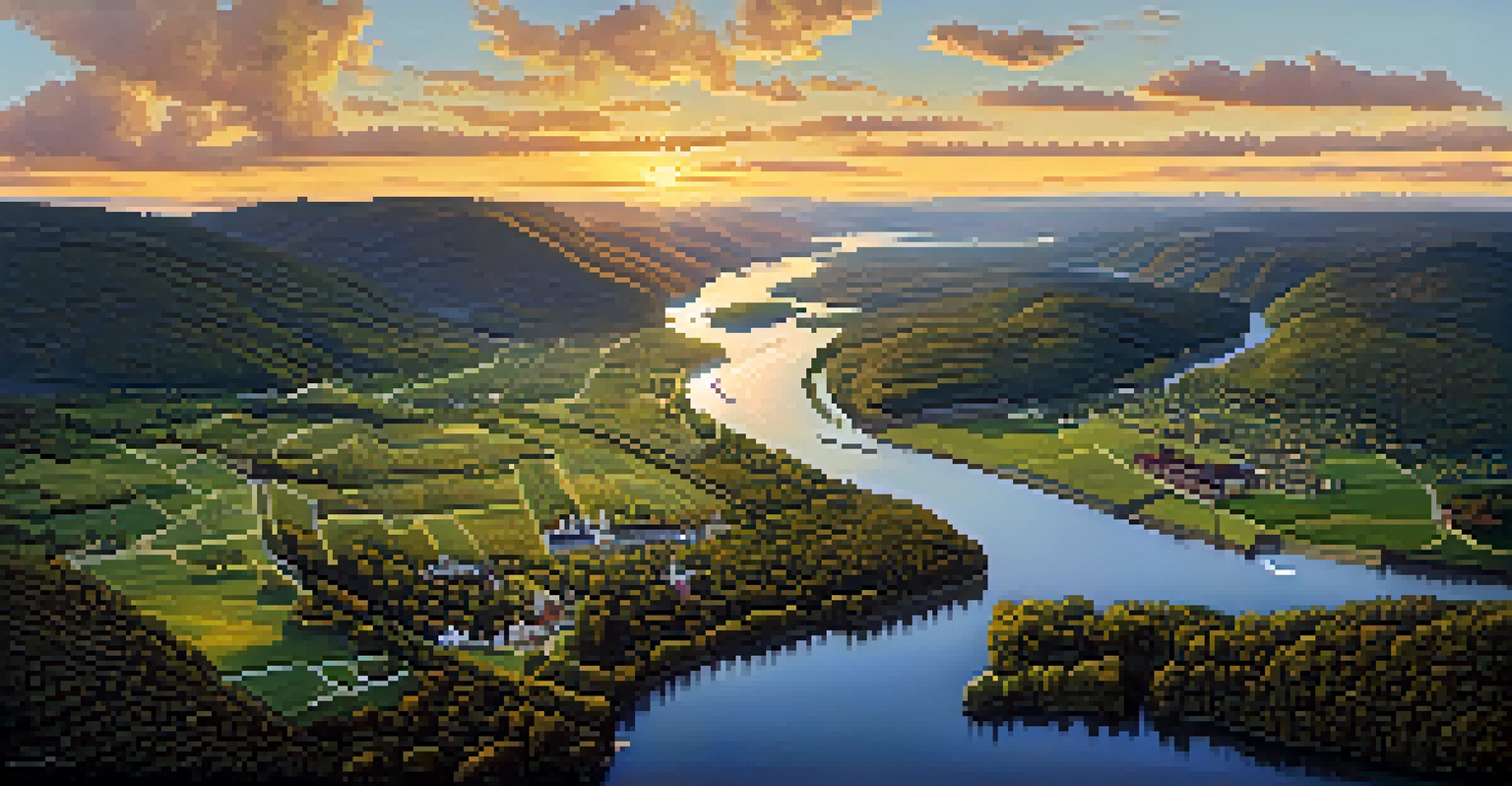 An aerial view of the Hudson River with charming towns and vineyards in the Hudson Valley during sunset.