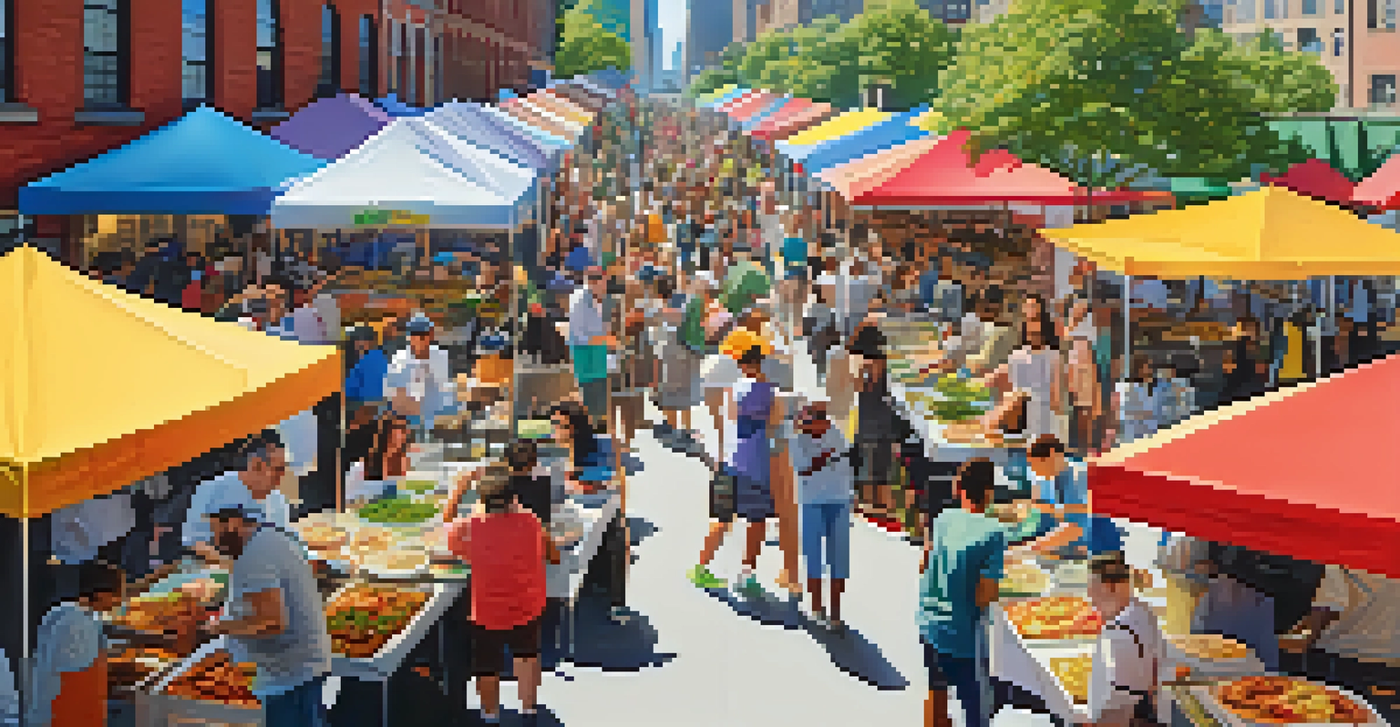 A lively food festival showcasing a variety of international cuisines with people enjoying colorful dishes in an outdoor setting.