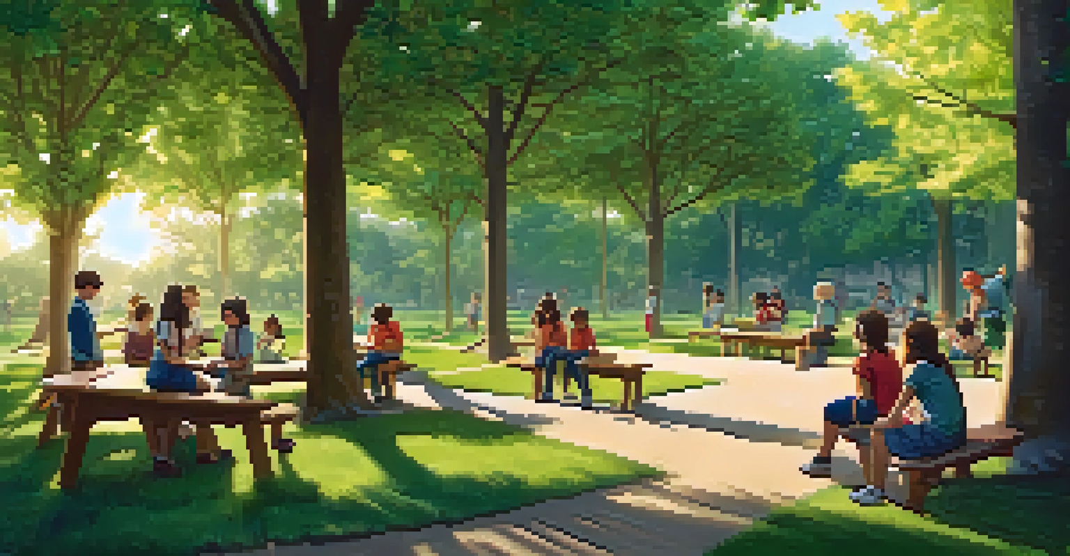 A teacher guiding students in a park, exploring nature with magnifying glasses, surrounded by greenery and sunshine.