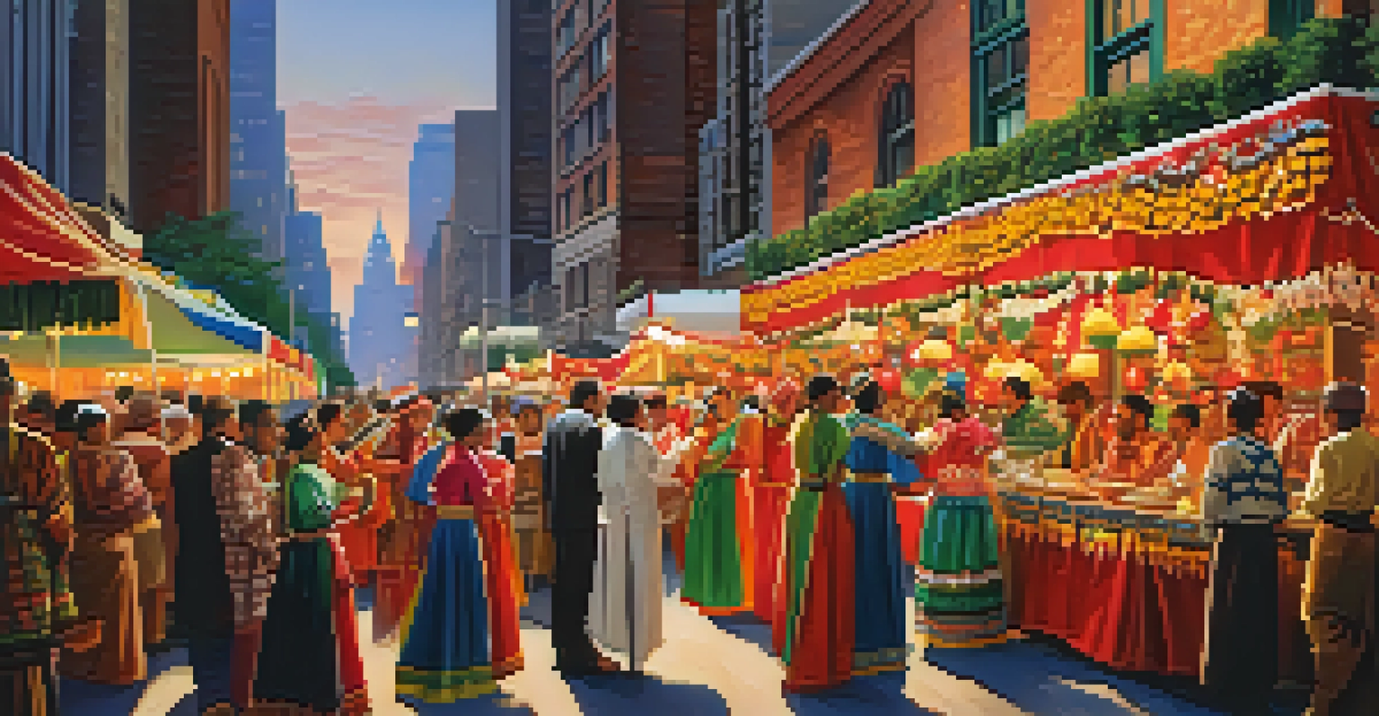 A colorful cultural festival in New York featuring traditional attire, music, dance, and food stalls from various cultures.