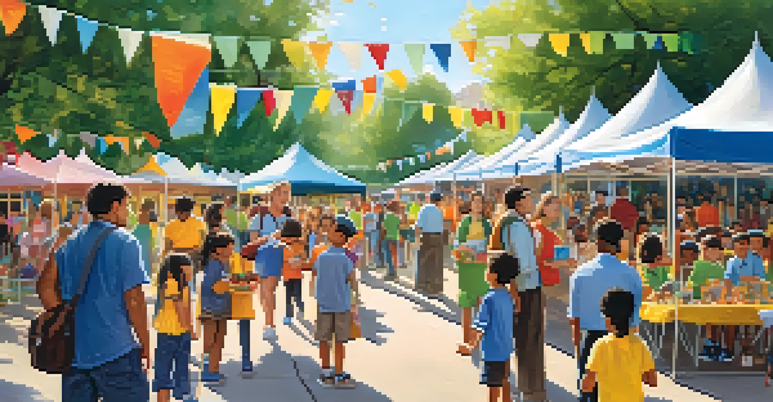 A vibrant outdoor school event featuring parents and children participating in educational activities at booths in a sunny setting.
