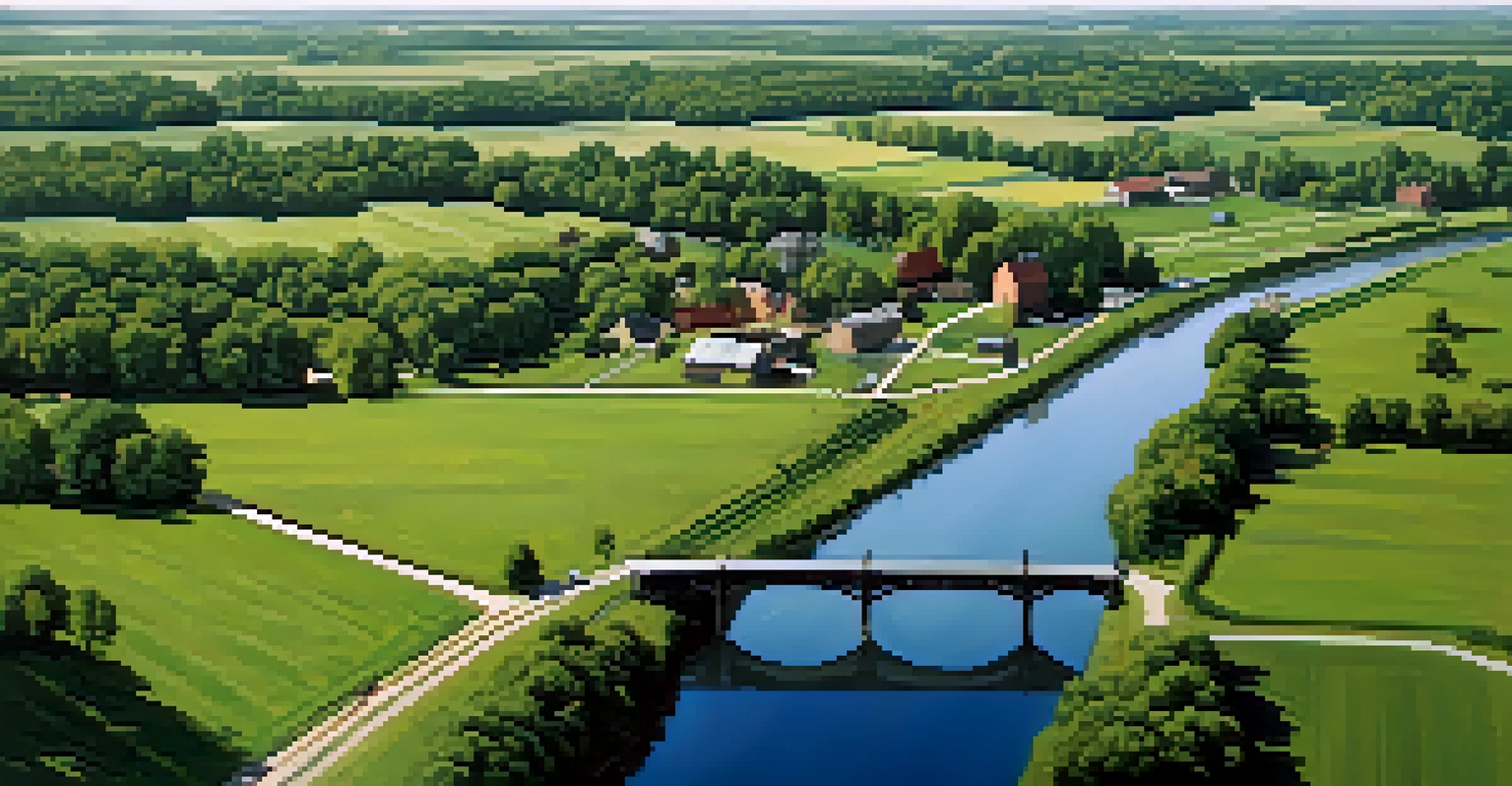 An aerial view of the winding Erie Canal surrounded by farmland and small towns.