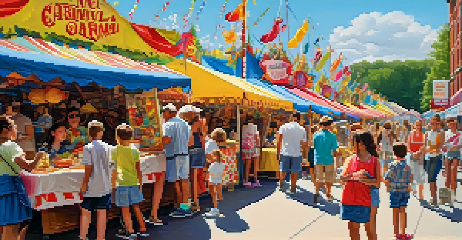 Families enjoying a community festival with food stalls, rides, and face painting activities.