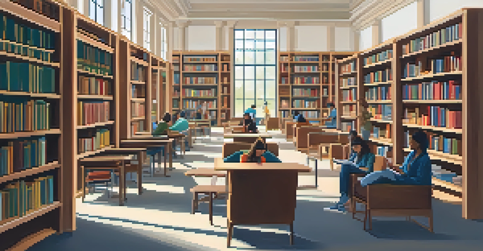 A peaceful library with students studying and reading, surrounded by bookshelves and soft lighting, creating a focused atmosphere.