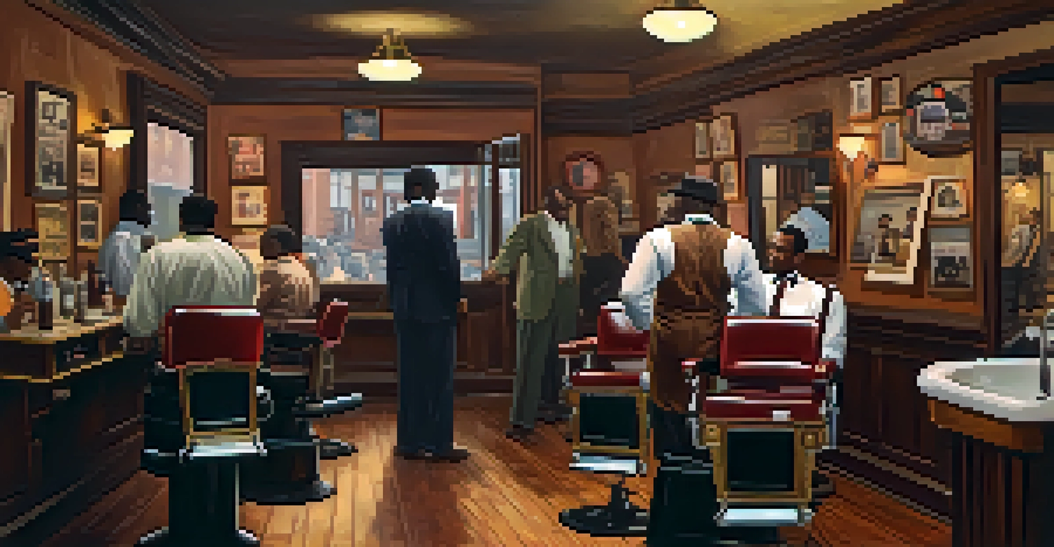 An interior view of a 1940s African American barbershop in New York, showing a barber at work and patrons conversing amidst warm wooden textures and vibrant colors.