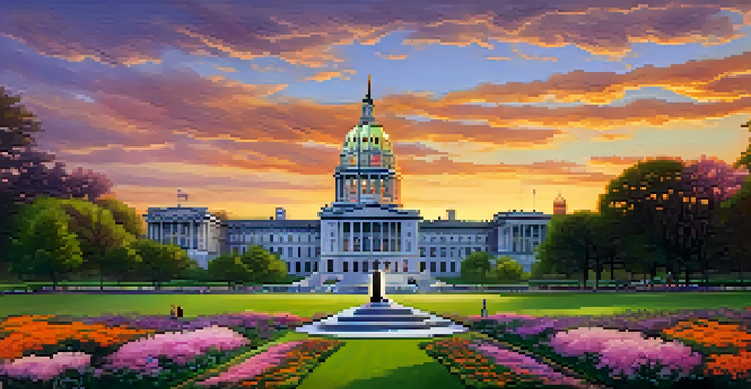 A sunset view of the New York State Capitol building surrounded by green grass and flowers, with people walking in a park.