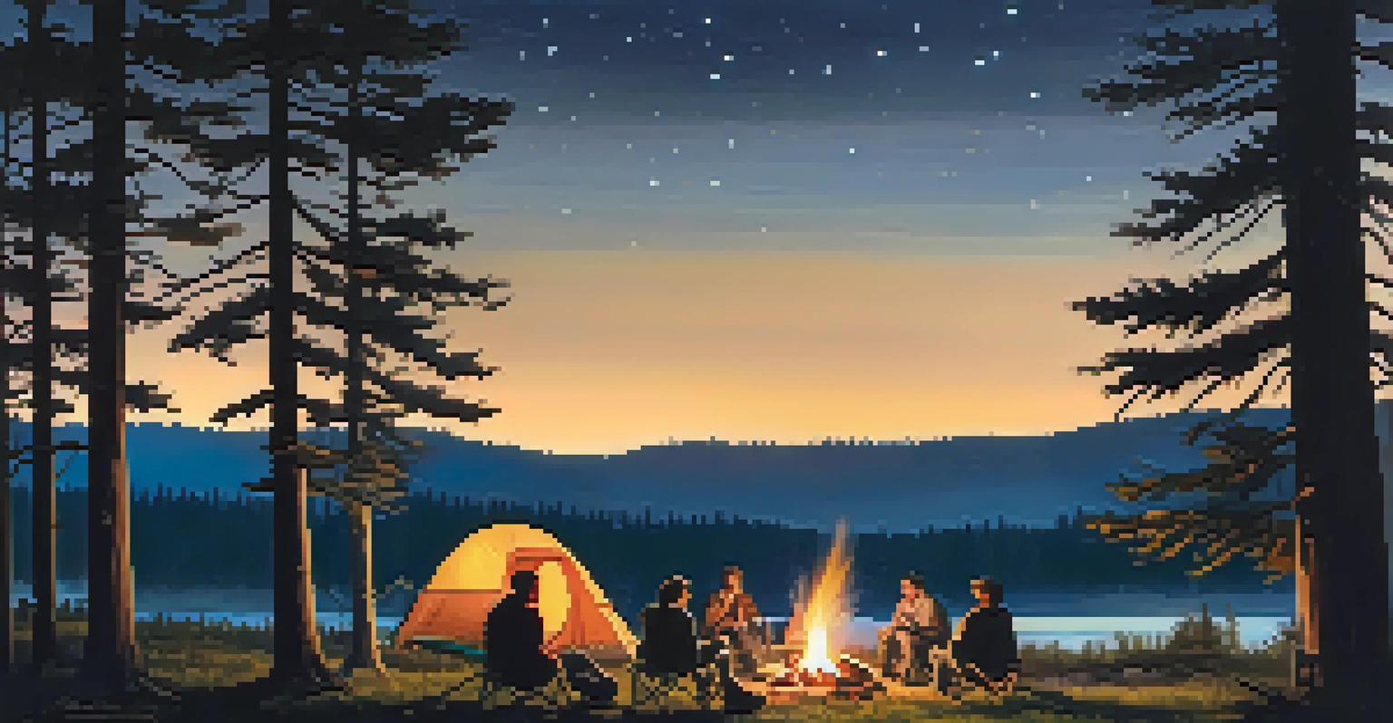 A group of friends gathered around a campfire in the Adirondacks, sharing stories under a starry sky with tents in the background.