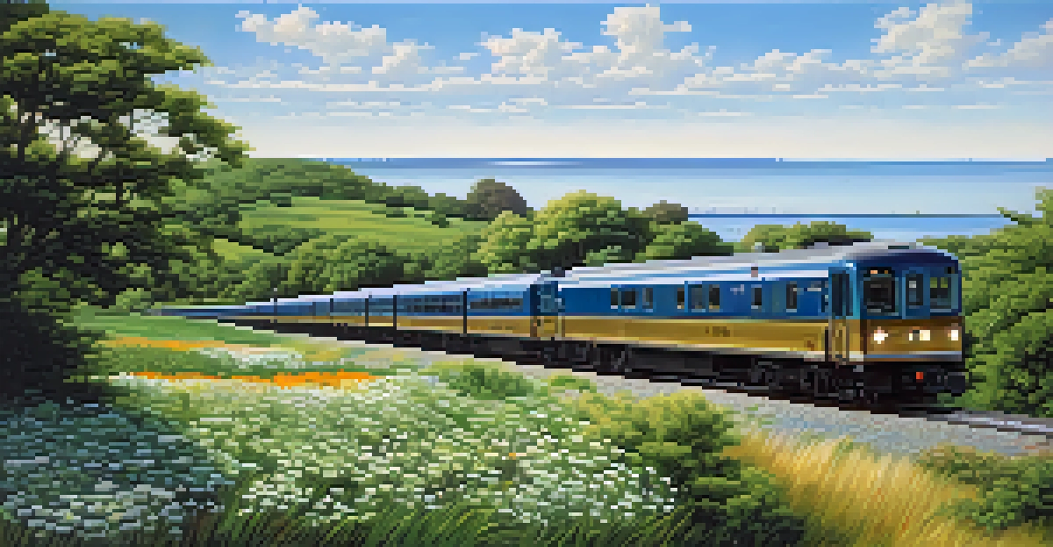 A scenic view of the Long Island Rail Road train passing through green parks and coastal towns under a blue sky, with wildflowers in the foreground.