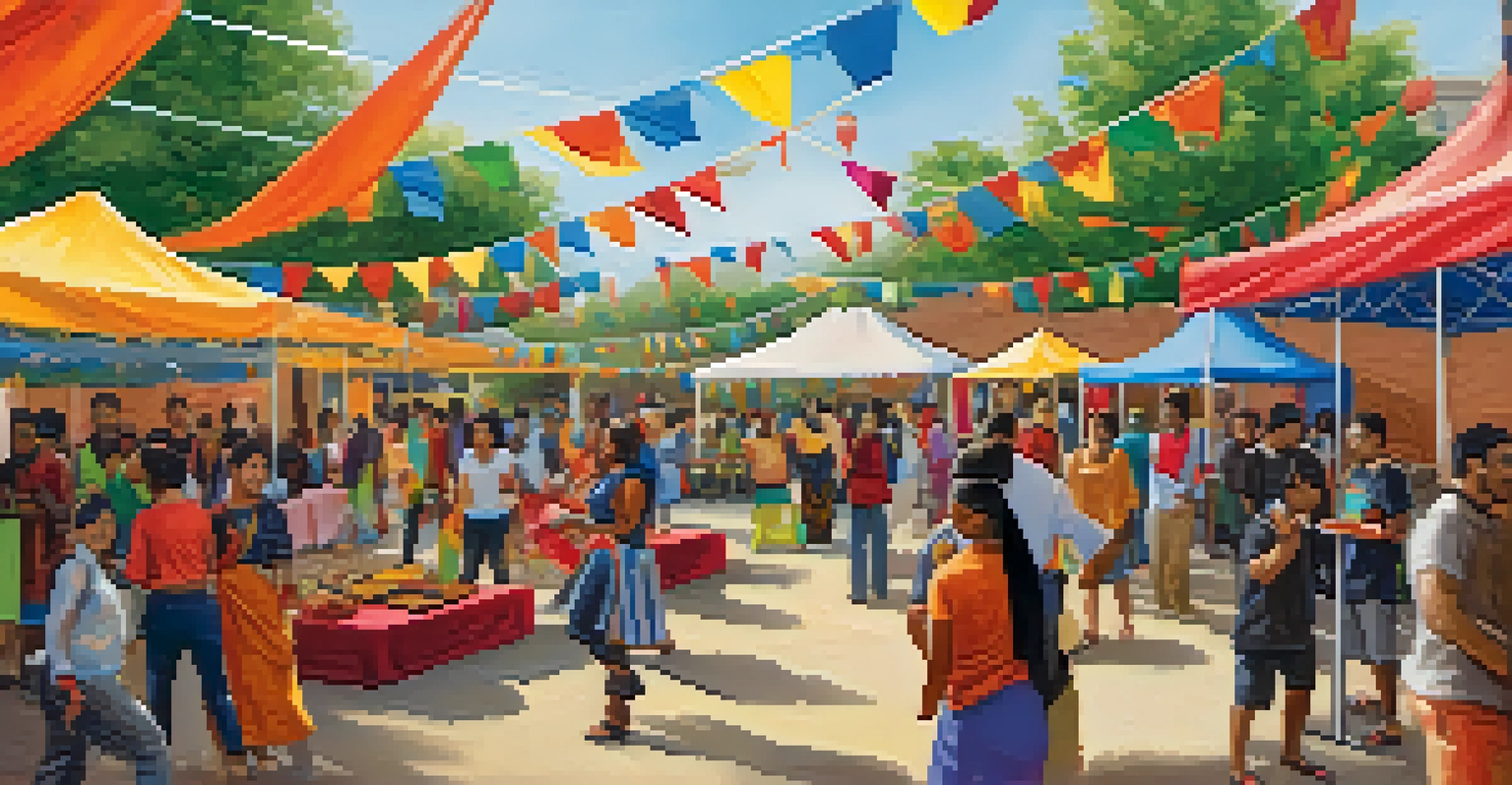 A lively cultural festival at a community college with food stalls and students enjoying traditional dances.