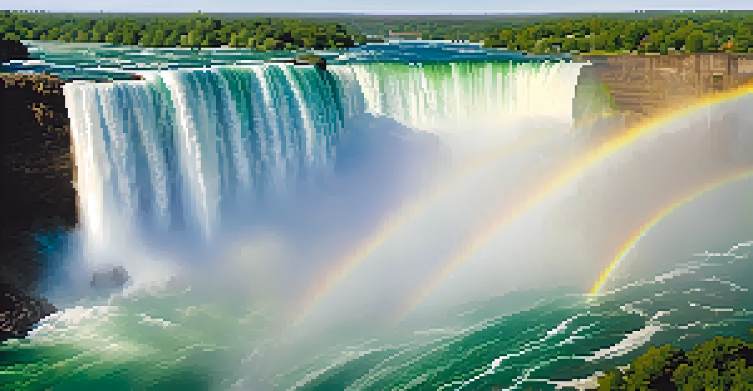 A panoramic view of Niagara Falls with lush greenery and a rainbow in the mist.