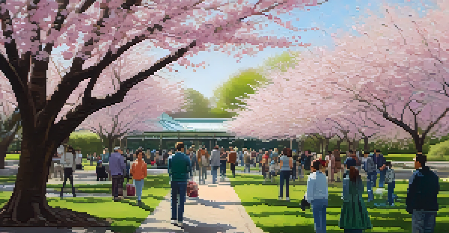 A lively scene at the Brooklyn Botanic Garden during the Cherry Blossom Festival, filled with blooming cherry trees and visitors enjoying the festivities.
