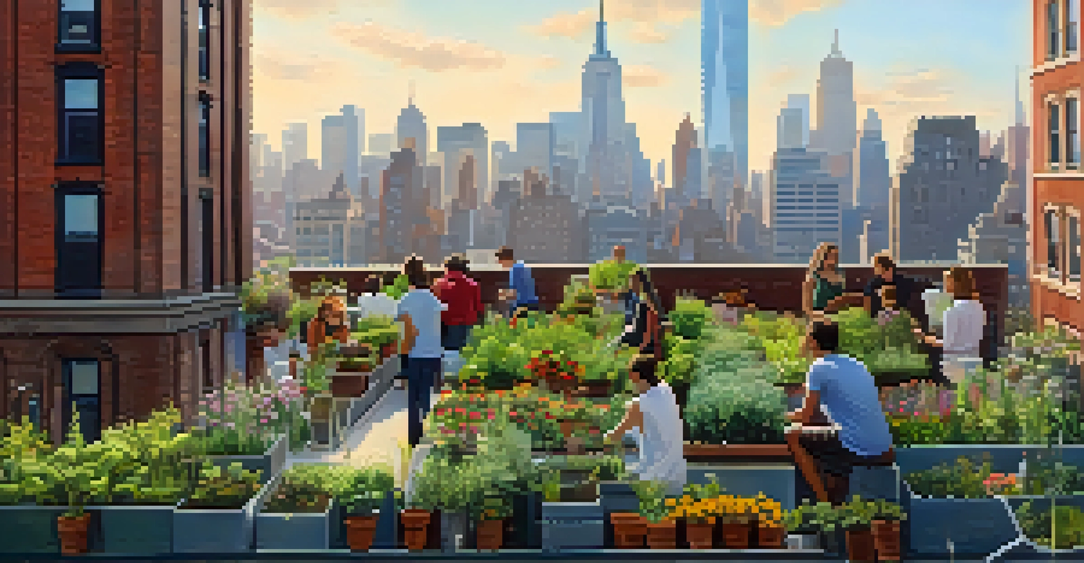 A rooftop garden in New York City with plants and people, set against the city skyline.
