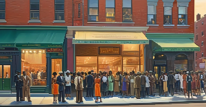 A lively street scene in Harlem with diverse artists and musicians in the 1920s, surrounded by colorful storefronts and warm lighting.