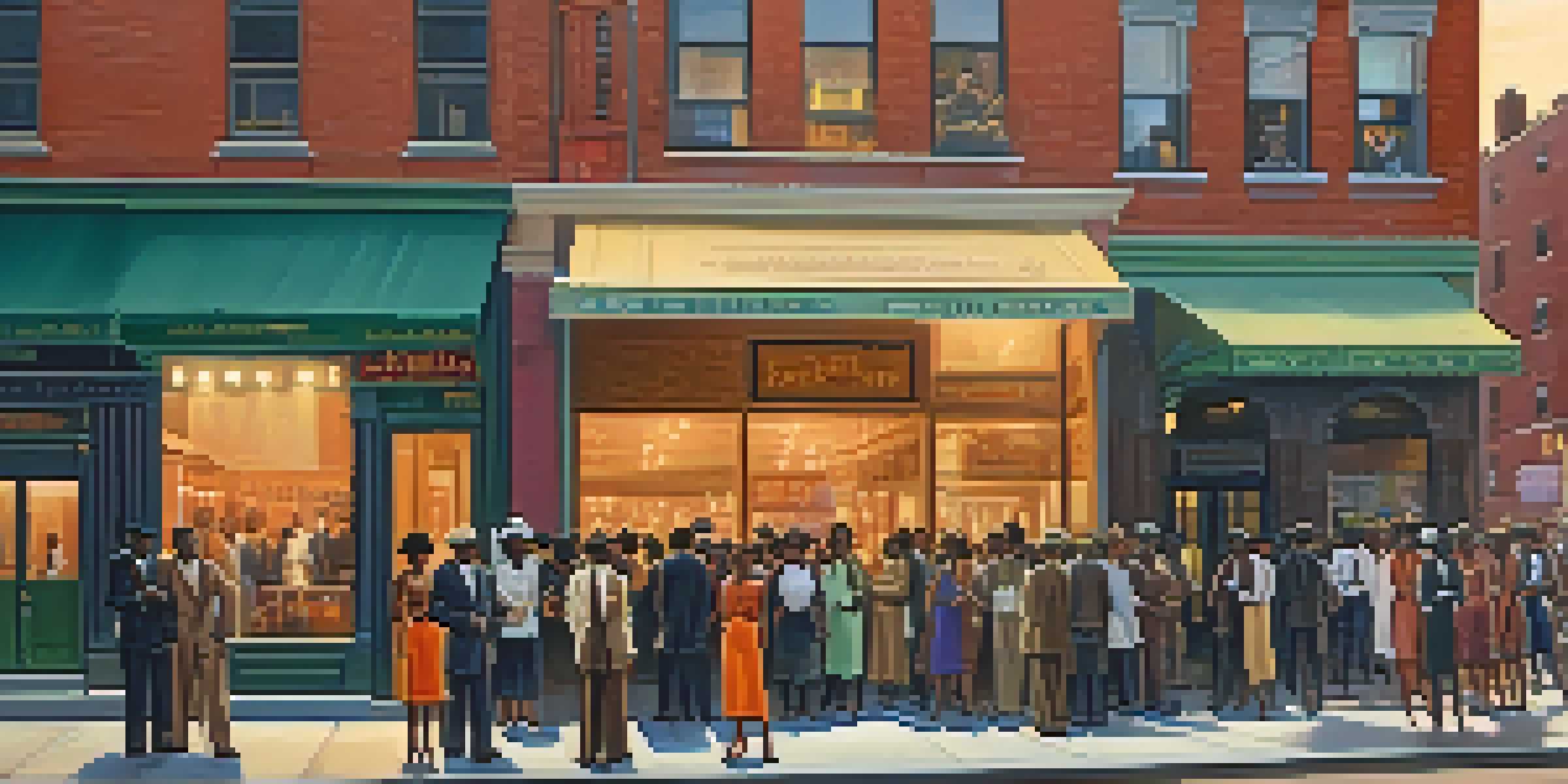 A lively street scene in Harlem with diverse artists and musicians in the 1920s, surrounded by colorful storefronts and warm lighting.