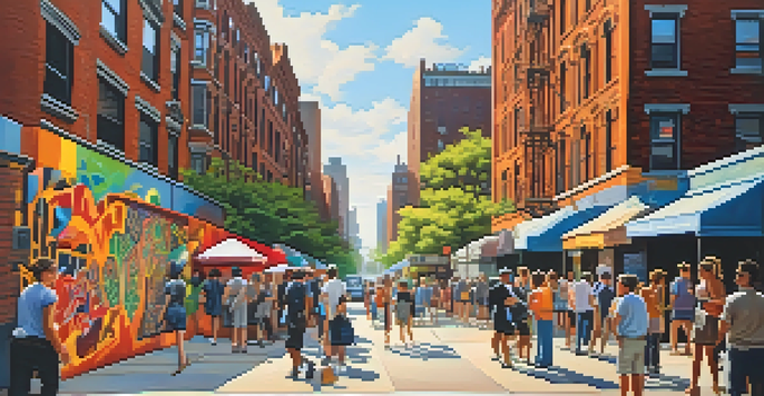 A busy New York City street adorned with colorful street art, featuring diverse pedestrians and warm sunlight casting shadows.