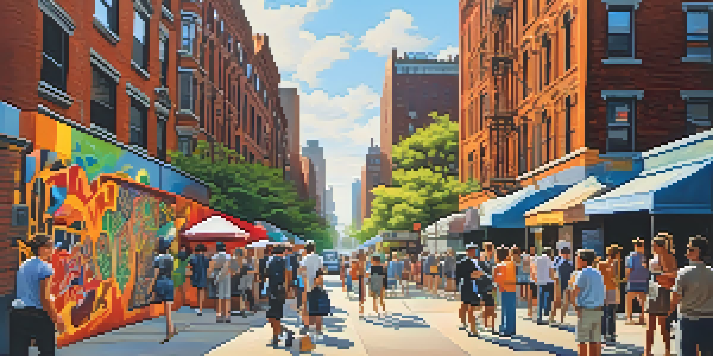 A busy New York City street adorned with colorful street art, featuring diverse pedestrians and warm sunlight casting shadows.