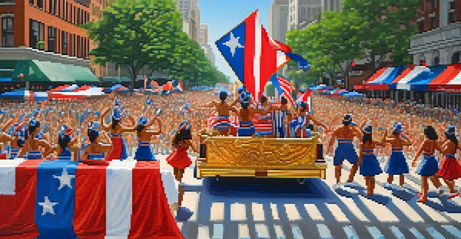 A vibrant float at the Puerto Rican Day Parade with traditional decorations and dancers celebrating while crowds cheer along Fifth Avenue.