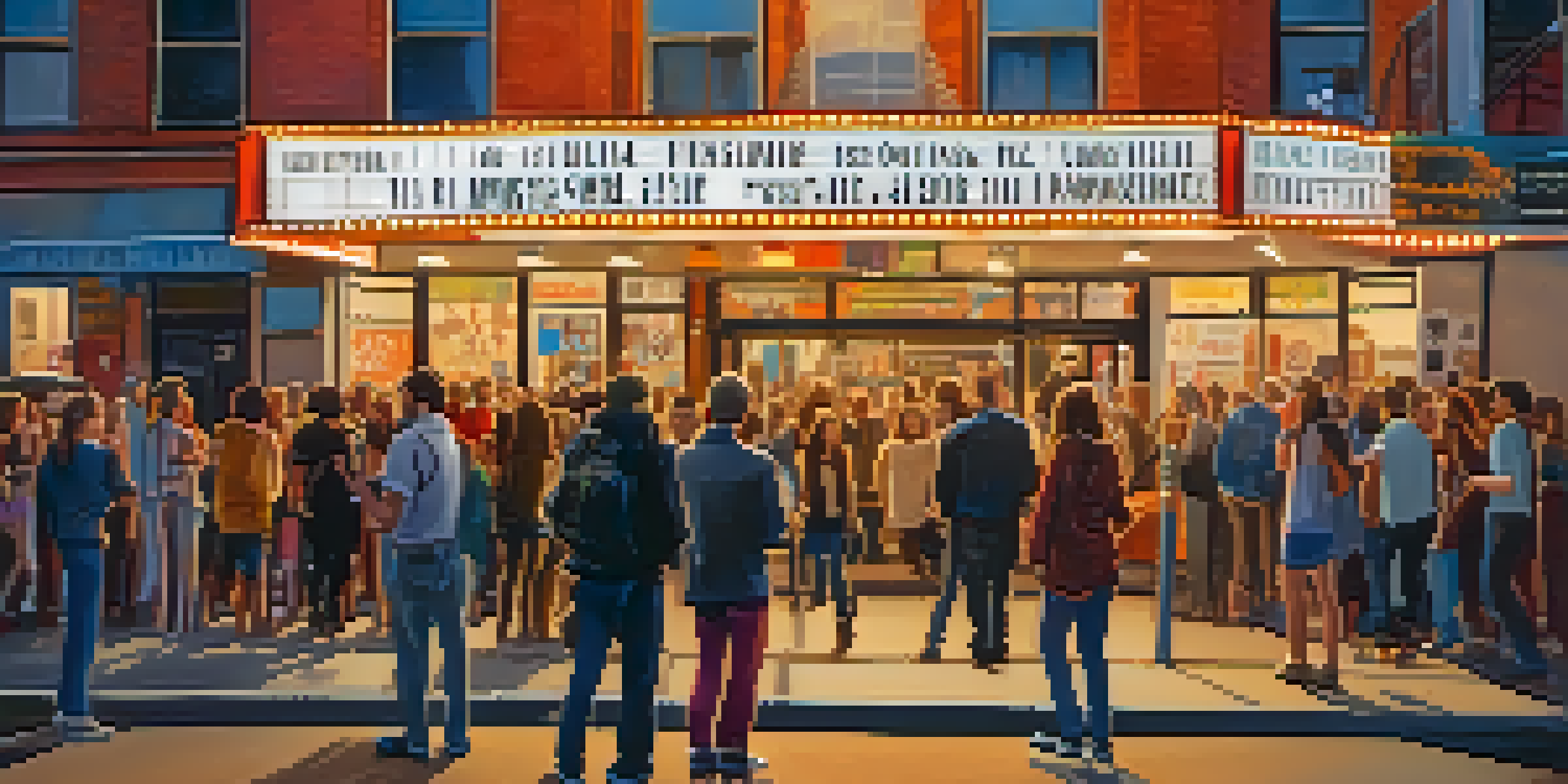 A lively street scene at an indie film festival in New York City, with people gathered outside a vintage theater and colorful banners.