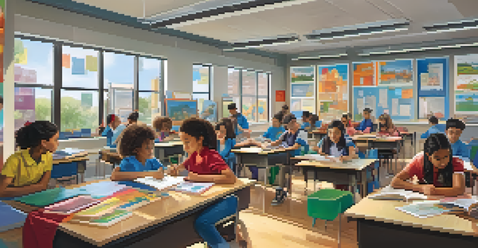 A lively classroom with diverse students working together on a project, surrounded by bright natural light and colorful decorations.