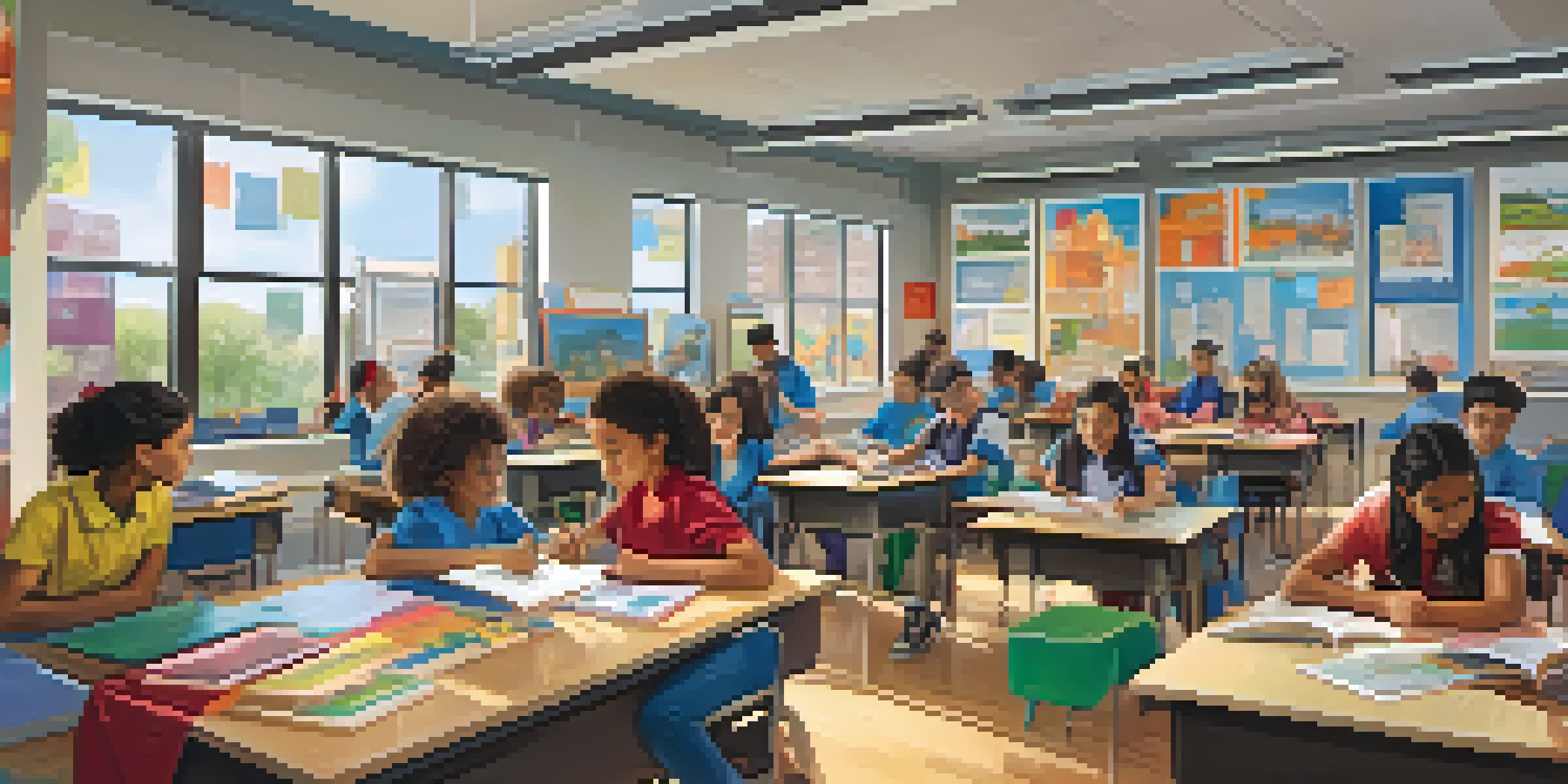 A lively classroom with diverse students working together on a project, surrounded by bright natural light and colorful decorations.