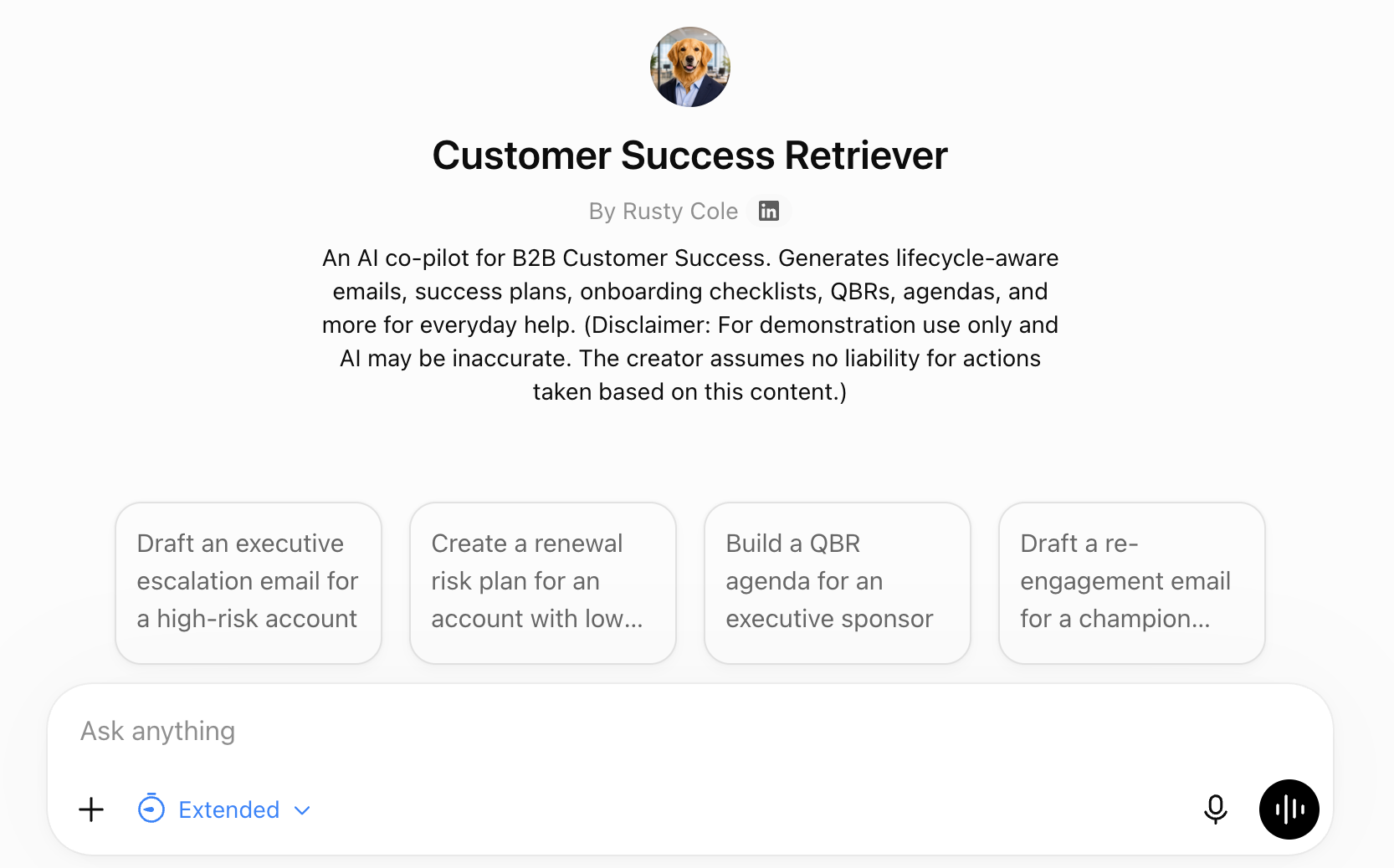 Golden retriever in a business suit for 'Customer Success Retriever,' an AI co-pilot for B2B Customer Success tasks.