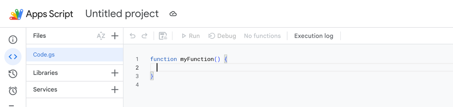 A new Apps Script project showing the sample function myFunction in Code.gs